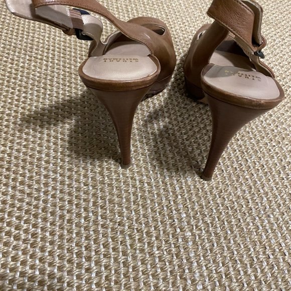 Stuart Weitzman Pumps Heels Size 10 Camel Leather Slingback Peep Toe Platform - Picture 6 of 10